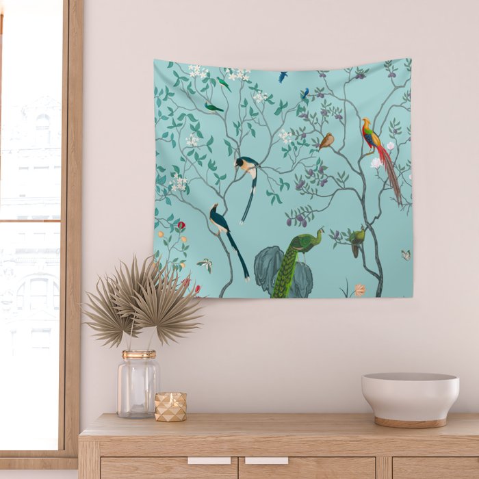 Chinoiserie Oriental Blossom Floral Birds Aqua Blue Peacock Botanical Wall Tapestry Gallery Image 2
