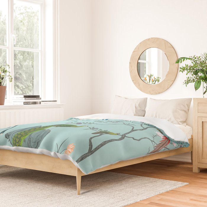 Chinoiserie Oriental Blossom Floral Birds Aqua Blue Peacock Botanical Duvet Cover Gallery Image 2