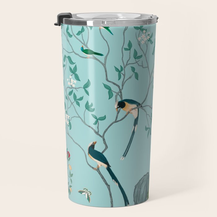 Chinoiserie Oriental Blossom Floral Birds Aqua Blue Peacock Botanical Travel Mug Gallery Image 3