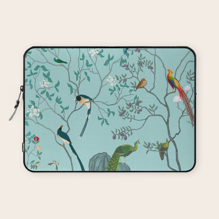Chinoiserie Oriental Blossom Floral Birds Aqua Blue Peacock Botanical Laptop Sleeve Gallery Image 1
