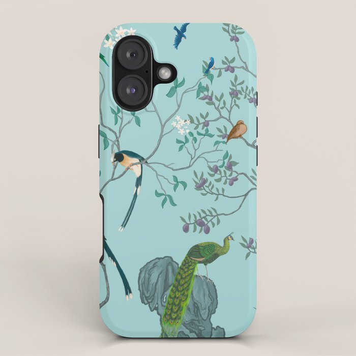 Chinoiserie Oriental Blossom Floral Birds Aqua Blue Peacock Botanical iPhone Case Gallery Image 1