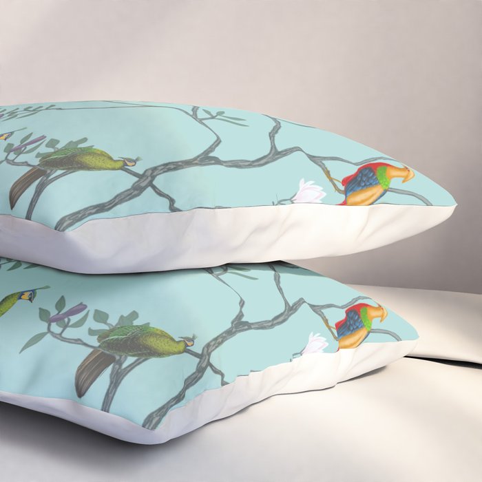 Chinoiserie Oriental Blossom Floral Birds Aqua Blue Peacock Botanical Pillow Sham Gallery Image 3