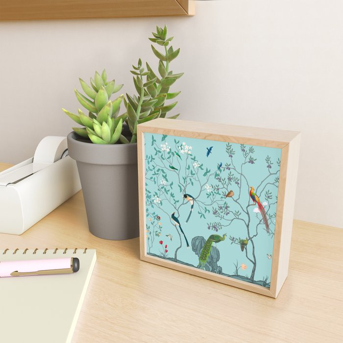 Chinoiserie Oriental Blossom Floral Birds Aqua Blue Peacock Botanical Mini Art Print Gallery Image 2