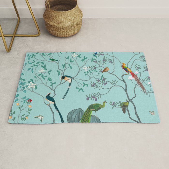 Chinoiserie Oriental Blossom Floral Birds Aqua Blue Peacock Botanical Rug Gallery Image 1