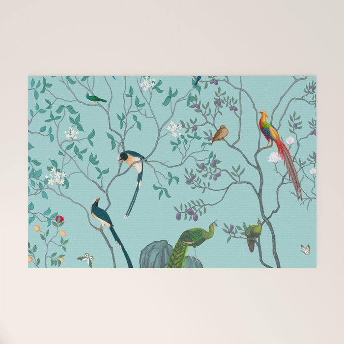 Chinoiserie Oriental Blossom Floral Birds Aqua Blue Peacock Botanical Welcome Mat Gallery Image 1