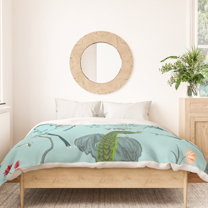 Chinoiserie Oriental Blossom Floral Birds Aqua Blue Peacock Botanical Duvet Cover Gallery Image 3