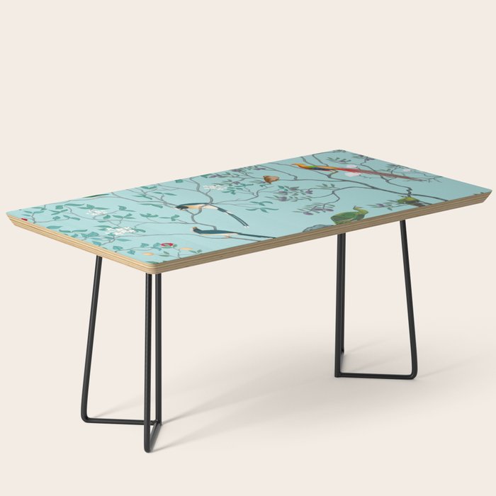 Chinoiserie Oriental Blossom Floral Birds Aqua Blue Peacock Botanical Coffee Table Gallery Image 1