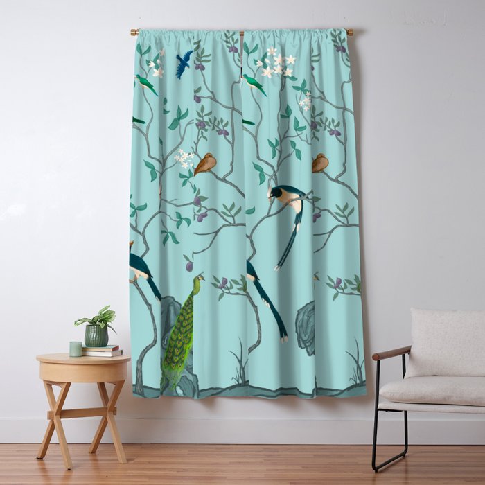 Chinoiserie Oriental Blossom Floral Birds Aqua Blue Peacock Botanical Window Curtain Gallery Image 5