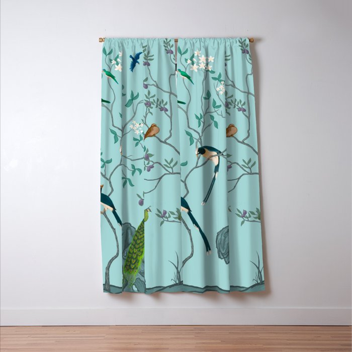 Chinoiserie Oriental Blossom Floral Birds Aqua Blue Peacock Botanical Window Curtain Gallery Image 3