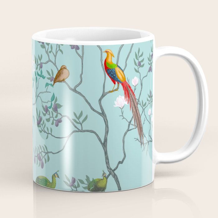 Chinoiserie Oriental Blossom Floral Birds Aqua Blue Peacock Botanical Coffee Mug Gallery Image 1