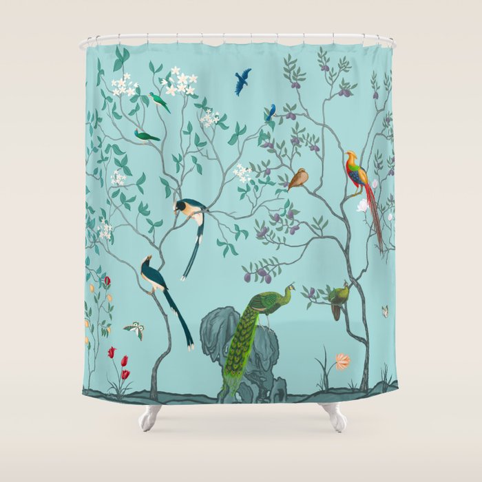 Chinoiserie Oriental Blossom Floral Birds Aqua Blue Peacock Botanical Shower Curtain Gallery Image 1