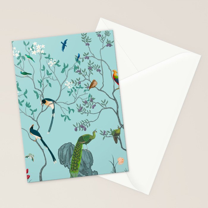 Chinoiserie Oriental Blossom Floral Birds Aqua Blue Peacock Botanical Stationery Card Gallery Image 2