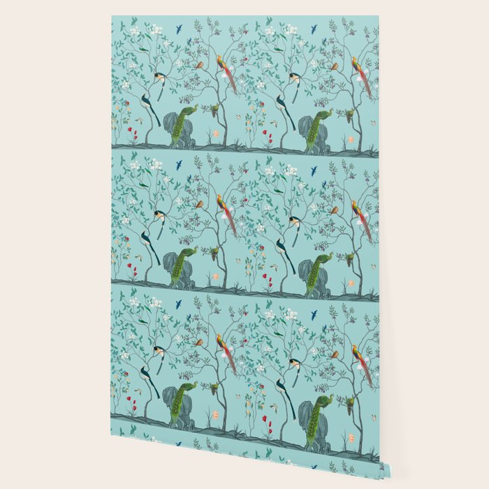 Chinoiserie Oriental Blossom Floral Birds Aqua Blue Peacock Botanical Wallpaper Gallery Image 2