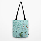 Chinoiserie Oriental Blossom Floral Birds Aqua Blue Peacock Botanical Tote Bag Gallery Image 2
