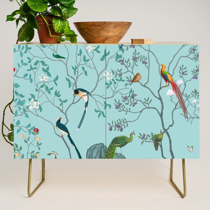 Chinoiserie Oriental Blossom Floral Birds Aqua Blue Peacock Botanical Credenza Gallery Image 1