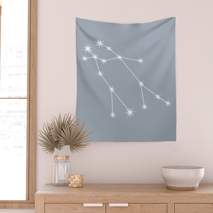 Gemini Zodiac Star Constellation Line Art Blue Grey Wall Tapestry Gallery Image 2