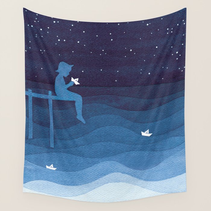 Boy with paper boats, blue Wall Tapestry Gallery Image 4