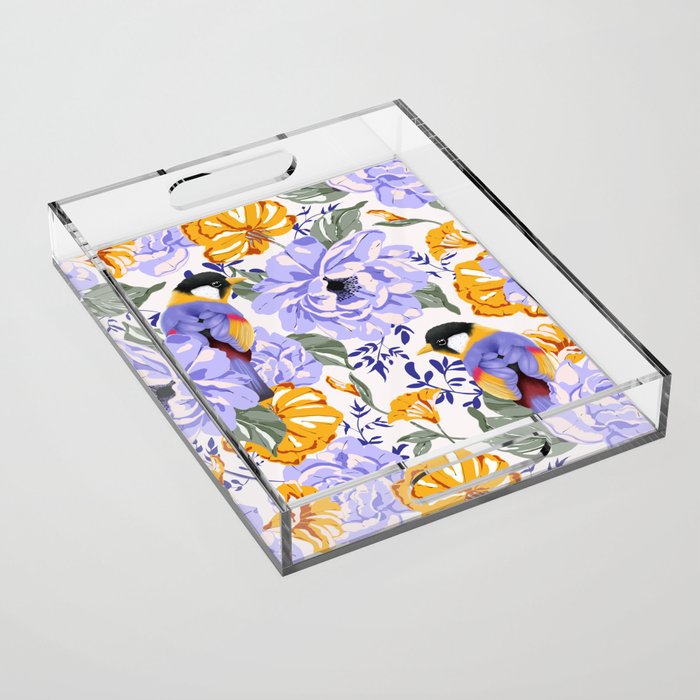 Colorful birds in garden flowers YL Acrylic Tray Gallery Image 1