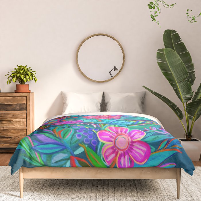 Exuberant Bouquet in Aqua, Fuchsia and Emerald Comforter Gallery Image 3