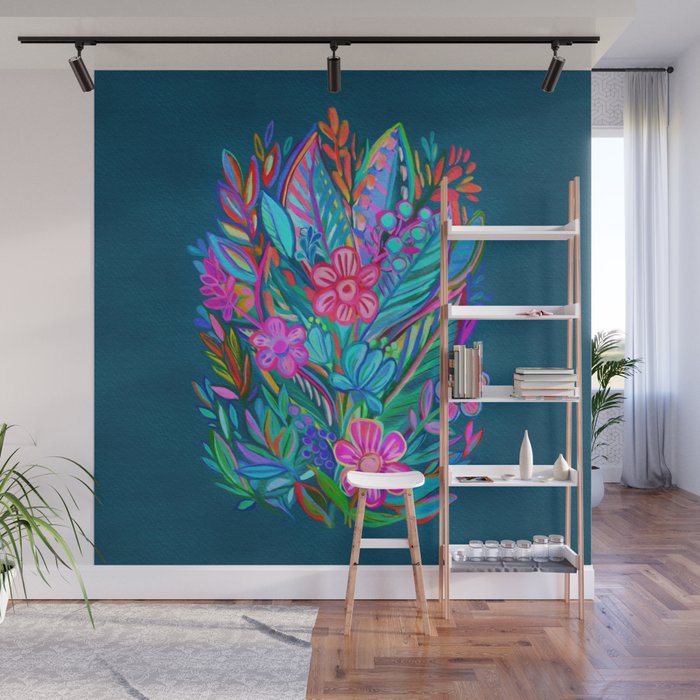 Exuberant Bouquet in Aqua, Fuchsia and Emerald Wall Mural Gallery Image 1