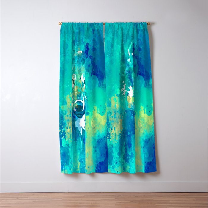 Teal yellow hand painted watercolor wolf Window Curtain Gallery Image 3