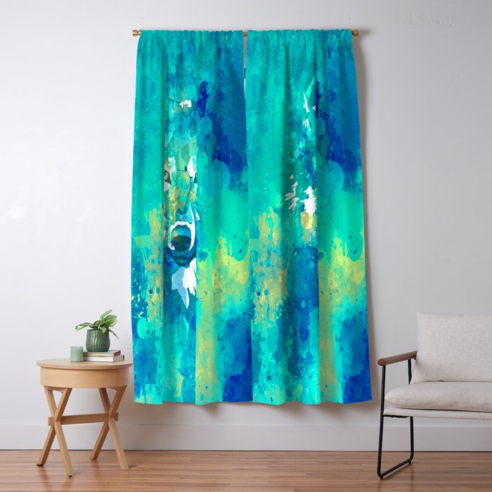 Teal yellow hand painted watercolor wolf Window Curtain Gallery Image 5