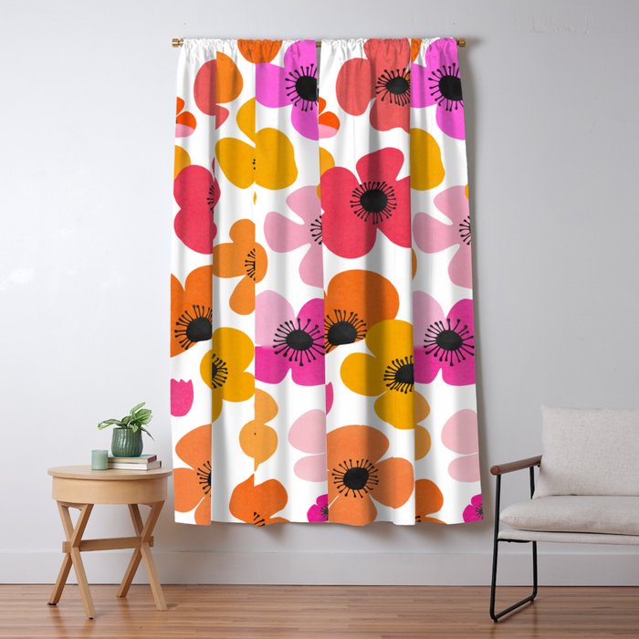 Midcentury Playful Botanical Bold Multicolor Retro Flowers White Window Curtain Gallery Image 1