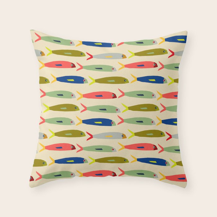 Sardines pattern in red green blue and gray Throw Pillow Gallery Image 6