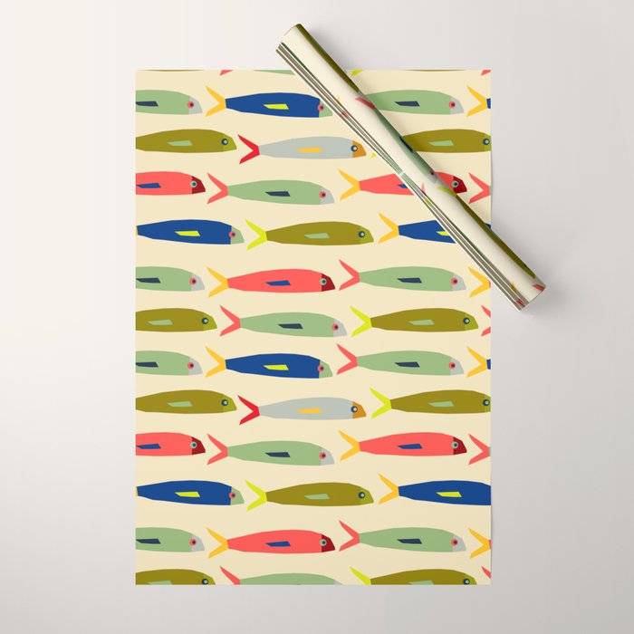Sardines pattern in red green blue and gray Wrapping Paper Gallery Image 1
