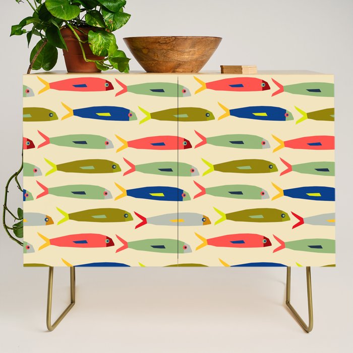 Sardines pattern in red green blue and gray Credenza Gallery Image 1