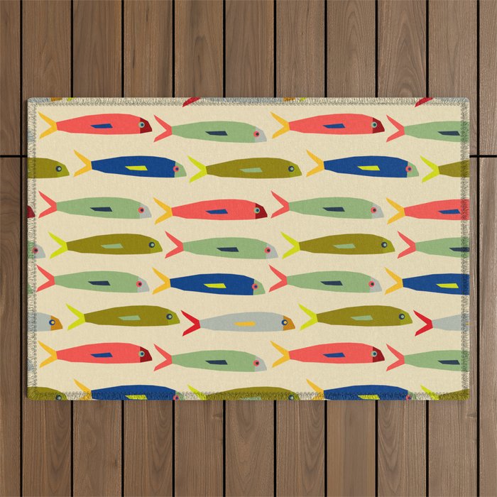 Sardines pattern in red green blue and gray Outdoor Rug Gallery Image 1