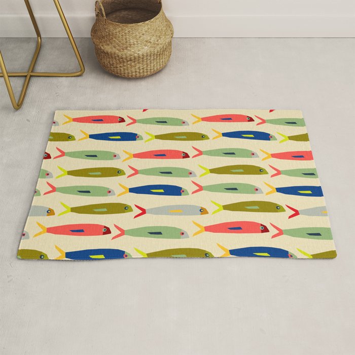 Sardines pattern in red green blue and gray Rug Gallery Image 1