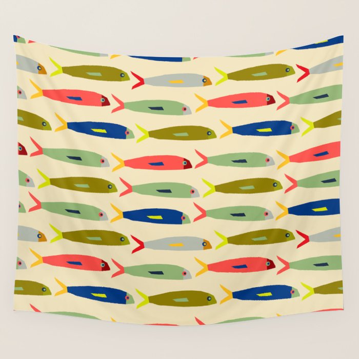Sardines pattern in red green blue and gray Wall Tapestry Gallery Image 4