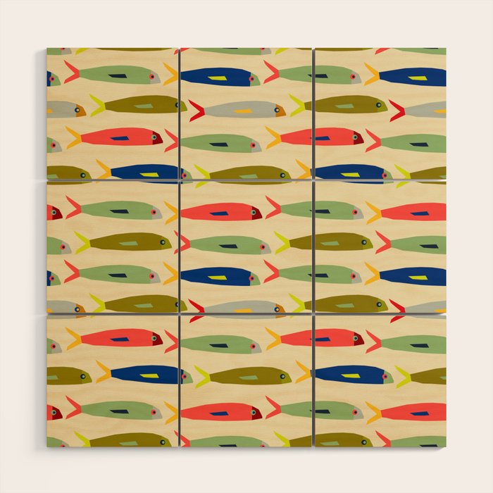 Sardines pattern in red green blue and gray Wood Wall Art Gallery Image 1