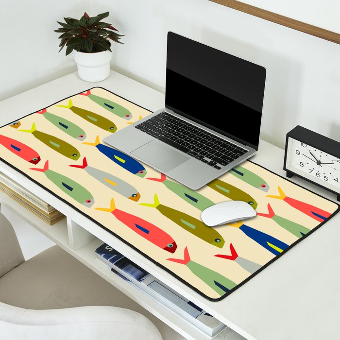 Sardines pattern in red green blue and gray Desk Mat Gallery Image 2