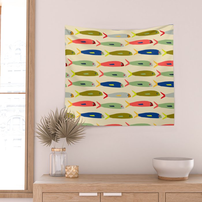 Sardines pattern in red green blue and gray Wall Tapestry Gallery Image 2