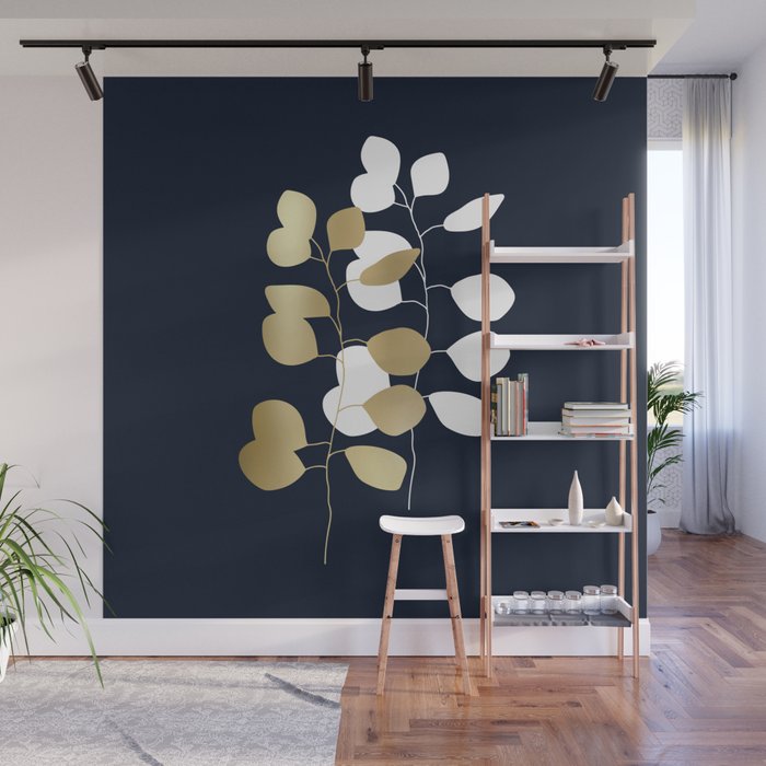 Leaf Duo, Gold and White on Navy Blue Wall Mural Gallery Image 1