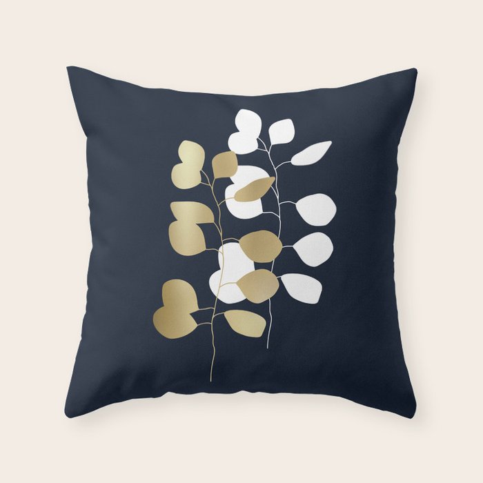 Leaf Duo, Gold and White on Navy Blue Throw Pillow Gallery Image 1