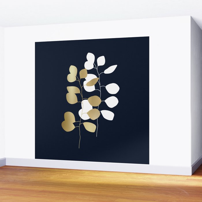 Leaf Duo, Gold and White on Navy Blue Wall Mural Gallery Image 2