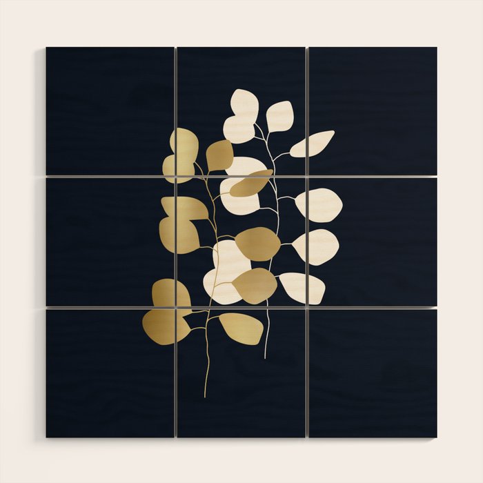 Leaf Duo, Gold and White on Navy Blue Wood Wall Art Gallery Image 1