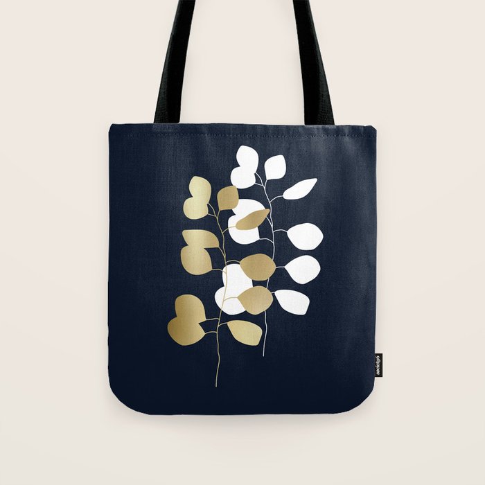 Leaf Duo, Gold and White on Navy Blue Tote Bag Gallery Image 1