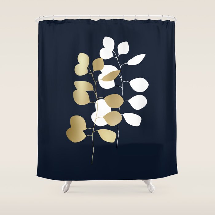 Leaf Duo, Gold and White on Navy Blue Shower Curtain Gallery Image 1
