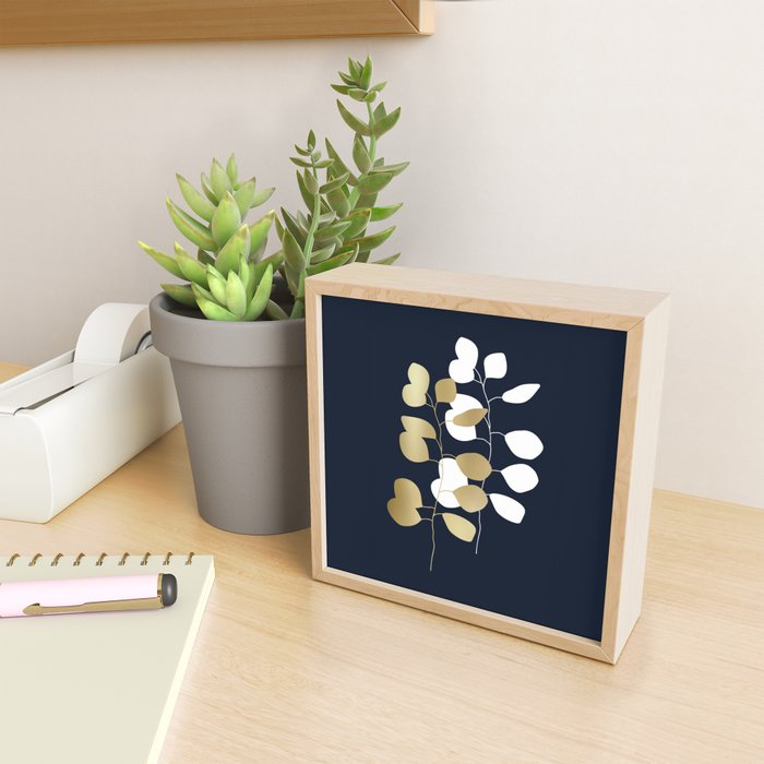 Leaf Duo, Gold and White on Navy Blue Mini Art Print Gallery Image 2