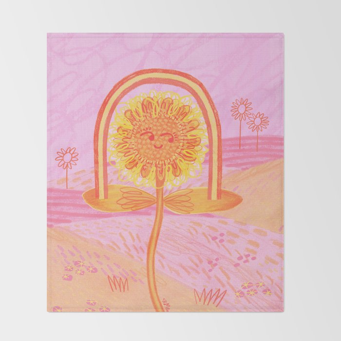 Retro Sunflower & Rainbow in Pink Throw Blanket Gallery Image 2