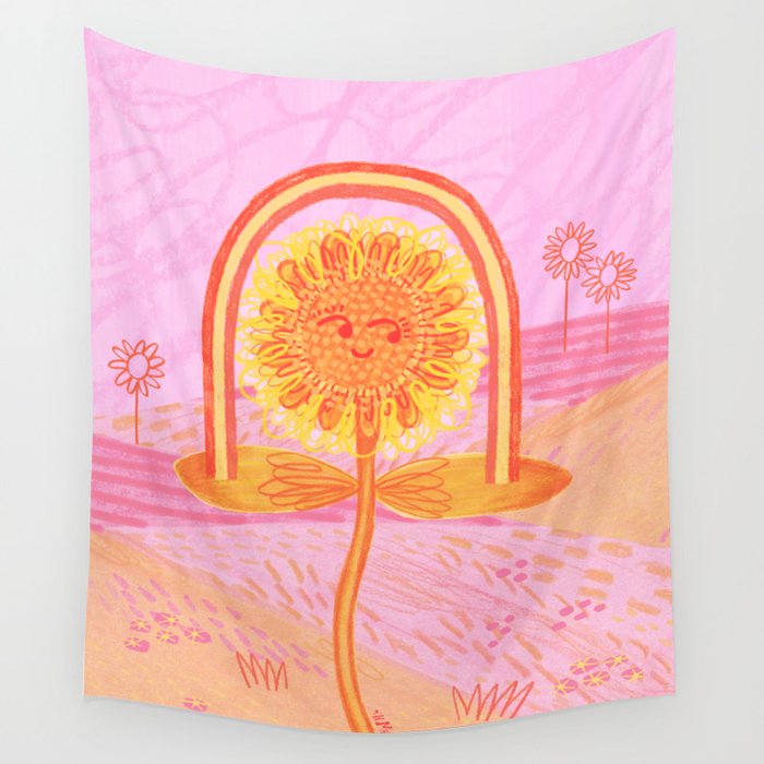 Retro Sunflower & Rainbow in Pink Wall Tapestry Gallery Image 1