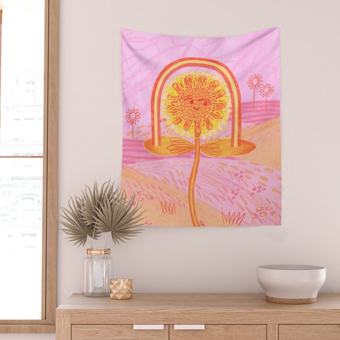 Retro Sunflower & Rainbow in Pink Wall Tapestry Gallery Image 2