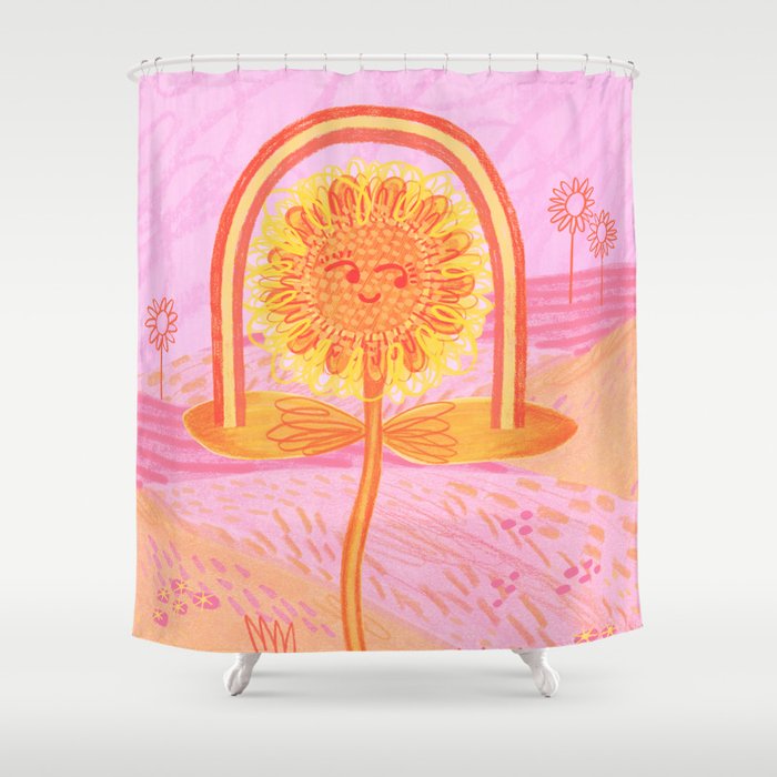 Retro Sunflower & Rainbow in Pink Shower Curtain Gallery Image 1