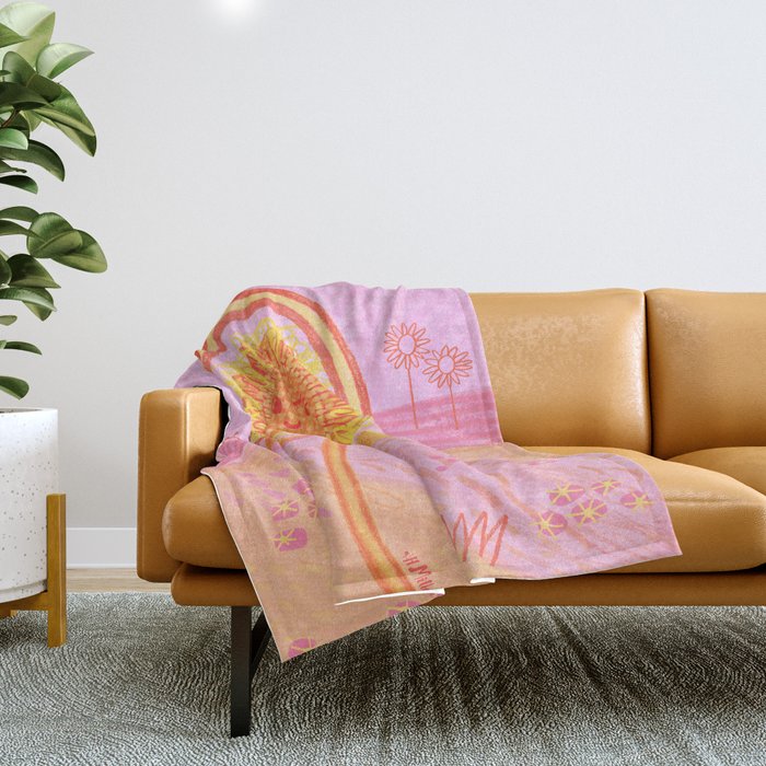 Retro Sunflower & Rainbow in Pink Throw Blanket Gallery Image 1