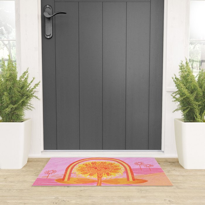 Retro Sunflower & Rainbow in Pink Welcome Mat Gallery Image 3