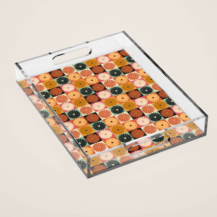 Retro Flowers Check Pattern XVI Acrylic Tray Gallery Image 1